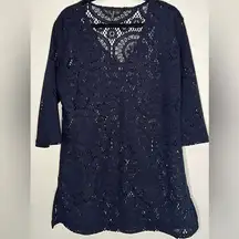 Portocruz Women’s Lace Cover Up Navy 3/4 Sleeve V-neck Side Slits L15 51225