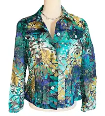 This is a Ruby Rd. sheer button-up jacket with a tropical floral print