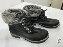 Womans Cliffs Laceup Pullon Ankle Boots 7 M Black Chunky Heel,fur Cuff Round Toe