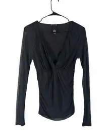 Kenneth Cole Silk Deep V-Neck Long Sleeve Fitted Top Sheer Blouse Black Women M