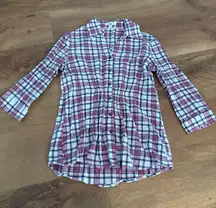 Ya Los Angeles Pink White Purple Plaid 3/4 Length Button Up Shirt Gathered Waist