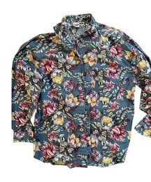 KRAZY KAT vintage retro blue‎ floral women's button down size small 100% cotton