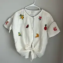 Anthropologie Intropia Linen Blend Needlepoint Embroidered Retro Fruit Blouse