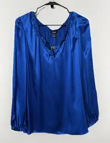 Alfani 100% Silk Peasant Blouse Aqua Blue Twee Tie Neck Size 16 Long Sleeve NWT