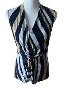 DKNY Navy Tan White Striped Sleeveless Wrap Blouse Top