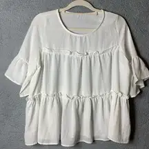 White Boho Top Womens Large L Ruffled Flare Sleeve Cottagecore Prairie Cotton