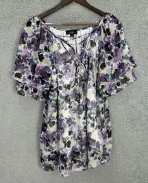 AGB‎ Womens 2X Purple Floral Chiffon Lace Up Top Ruffle Short Sleeve Boho