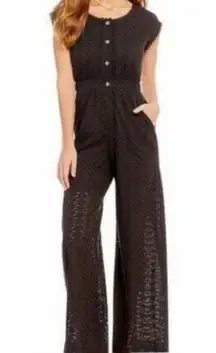 Black Eyelet Button Down Wide Leg Jumpsuit