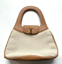 Vintage Authentic Gucci 90’s Leather Bamboo Canvas Shoulder Tan Preppy Classic