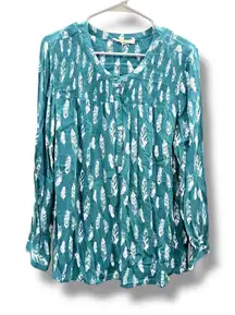 My Danielle Feather Print Boho Blouse Women's XXL Teal Long Sleeve Smocked
