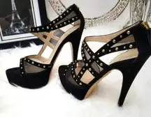 Taccetti ‘Margot’ Studded black Suede Mesh Platform  heels sz 39=8.5/9