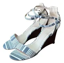 Kelly & Katie Women's Shoes Sz 9.5 Wedge Sandals Blue White Striped Ankle Strap