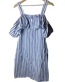 WHIT Two Vertical Striped Open Shoulder Ruffle Dress Blue White Size Small