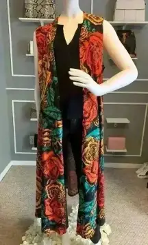 LuLaRoe Multicolor Floral Print Knit Sleeveless Vest Kimono Duster S L.  #256