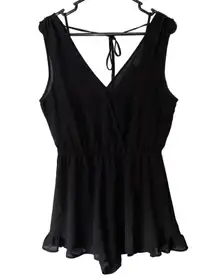 ASTR Black Romper S Lined Sleeveless Ruffle Hem Faux Wrap Wide Leg Plunge V