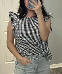 Boutique Gingham Print Ruffle Short Sleeve Blouse Size Small