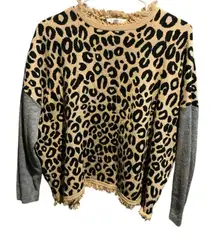 THML- Women’s Leopard Print Sweater w/ Gray Contrast Sleeves Fringe, Size Small