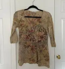 Forever 21 Vintage Y2K  Renaissance Floral Mesh 3/4 Sleeve Top