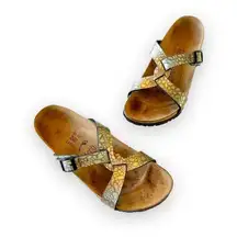 Birkenstock Birkis Metallic Embossed Double Strap Sandals Size 37 EU Cork Sole Comfort Foot