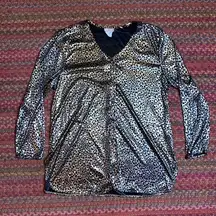 VTG GOLD FOIL CHEETAH PRINT THIN BUTTON UP LONG SLEEVE CARDIGAN