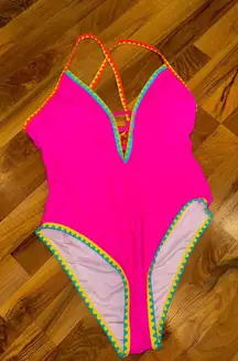 Popvil XL One Piece Swimsuit Hot Pink Criss Cross Bathing Suit neon bathing suit