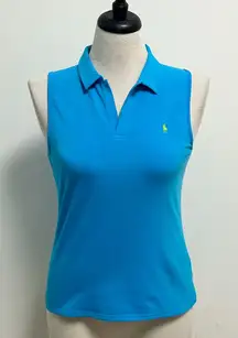 Ralph Lauren Sport Carib Caribbean Blue Split V Neck Sleeveless Collar Polo Top