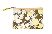 Tory Burch Reverie Yellow/Brown Floral Canvas Leather Trim Envelope Pouch Purse