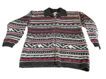 BASH Full Zip Knit Sweater Jacket L Nordic Fair Isle Pattern Gray Red Wool Blend