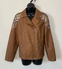 Chicos Tan Faux Leather Jacquard Mixed Media Moto Jacket Southwestern Sz Medium