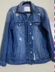 KanCan M 100% Cotton Medium Wash Distressed Oversized Distressed button down jean jacket.