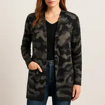 Apt. 9 Longline Cardigan Sweater Jacket Medium Gray Black Camo Print Normcore