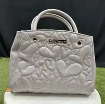 BETSEY JOHNSON‎ GREY BOUTIQUE SATCHEL PURSE QUILTED WITH HEARTS GOLD ACCENTS