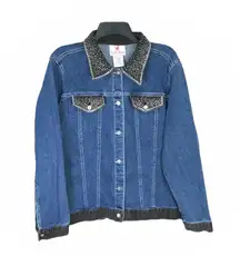 Vintage Denim Jean Jacket Blue w Black Trim & Bling Gems Women Sz Medium