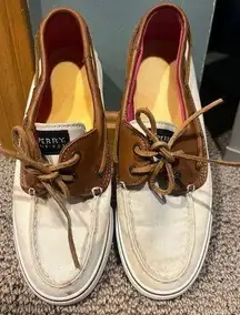 Clearance 50% off Sherry Top Sider Women’s Cream Linen/Brown Leather Slip On Boat Shoes Sz 7.5
