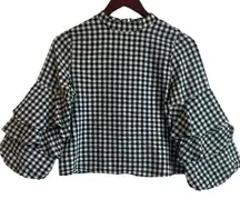 Zara Womens Crop Top XS Black White Gingham Check Ruffle Sleeve Preppy‎ Coastal