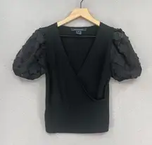 French Connection  Shirt Womens Small Black Short Lace Sleeve Crossover