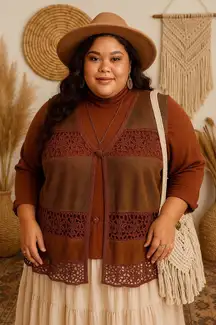 Vintage Denim & Co Leather Vest & Turtleneck Top Western Boho Brown Outfit 3X