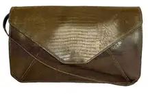 Vintage Lizard-Embossed Brown Leather Shoulder Bag Envelope Clutch