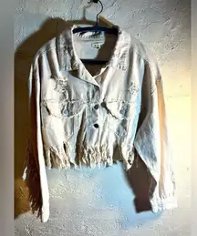POL NWT fringe denim jacket, cream colored, distressed, small but oversized