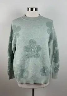 Nanette Lepore Green Floral Fuzzy Pearl Sweater Designer Women Medium Preppy