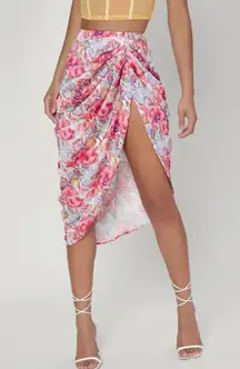 Ruched Split Thigh Floral Satin Skirt