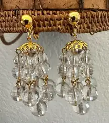 Avon Gold tone clear lucite beaded multi strand clip on drop earrings
