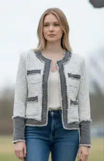 NWT NANETTE LEPORE Sequin Tweed Fringe Denim Jacket Trim Open Front Blazer