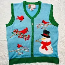 Merry Christmas Womens Green and Blue V-Neck Snowman Cardinal Sweater Vest Large