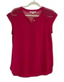 Daniel Rainn Women Pink Cap Sleeve Crochet Yoke Button Neck Top Size S