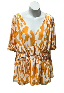 Ava & Viv Women's 2XL V-Neck Puff Sleeve Blouse Orange Abstract Print