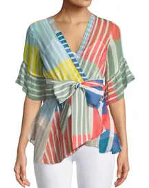 TANYA TAYLOR WOMENS SILK WRAP TOP BLOUSE SHEER MULTICOLOR