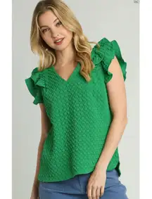UMGEE Green Textured Jacquard Flutter Short Sleeve V Neck Blouse Size 2XL