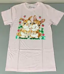 Pastel Pink Bunnies Baby Rabbits Strawberry Flowers Graphic Short Sleeve Tee T-Shirt Top Size S 🍓