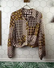 DREW Patterned Patchwork Gathered Button-up Blouse - Size - Small